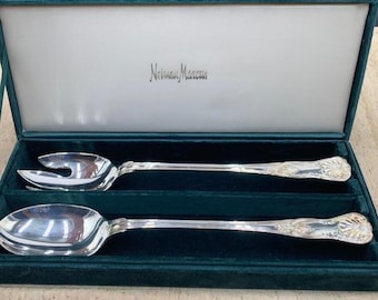 Neiman Marcus Godinger silver plated serving spoon and fork set in original  green velvet box.