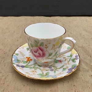 Hand Painted Tuscan Fine Bone China from England Tea Cup & Saucer Teacup Duo Floral Pattern Gold Trim Tea Lover Gift for Her Tea Parties