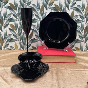 Vintage Black Glass Dishes: Art Deco Cups, Saucers, Salad Plates
