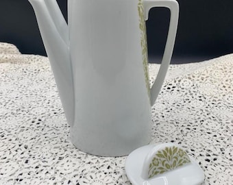 Double Spout Whimsical Marla Dawn Asian White & Green Floral Ceramic Tea Pot 64 ounces.
