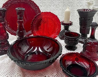 Vintage Avon Ruby Red Cape Cod 1865 Red Glassware Vintage Avon Plate Red Glass Bell Avon Candleholder Red Cup Glass Vintage Avon Collector