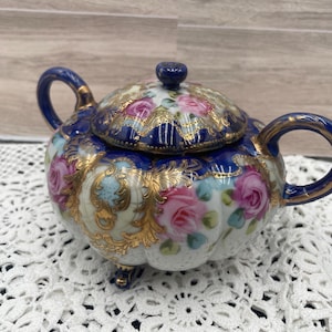 Vintage Blue Teapot Porcelain Handpainted Antique Tea Pot from Japan, Doubled handed Teapot Blue Floral Teapot for Farmhouse Kitchen Teapot