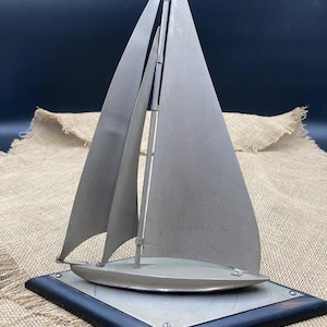 Vintage Metal Sailboat on Wood Base, Vintage Office Decor, Vintage Gift for Sailor, Gift for Fisherman Sailboat Sculpture Turns on base