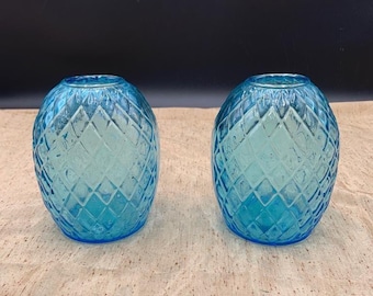 Pair Blue Vase Flat sides and Faceted Diamond Pattern, Vintage 1960s