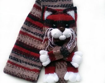 Knitted cat scarf, Knitted scarf, Animal scarf, Cat scarf, Knit scarf, Knitted kitty scarf, Knitted unisex scarf, Winter scarf
