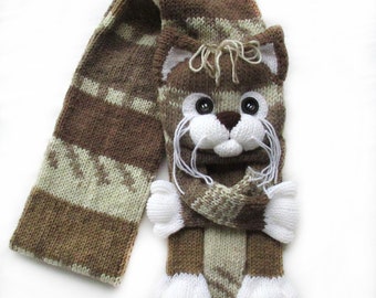 Knitted cat scarf, Knitted scarf, Animal scarf, Cat scarf, Knit scarf, Knitted kitty scarf, Knitted unisex scarf, Winter scarf