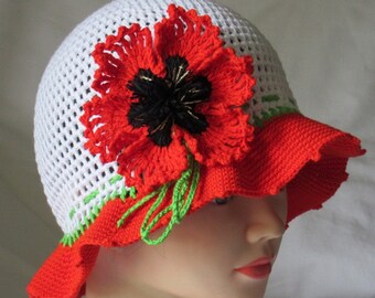 Crochet poppy hat,Crochet hat with poppy flower,Crochet white hat,Crochet summer hat