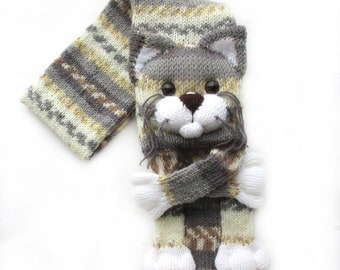 Knitted cat scarf, Knitted scarf, Animal scarf, Cat scarf, Knit scarf, Knitted kitty scarf, Knitted unisex scarf, Winter scarf