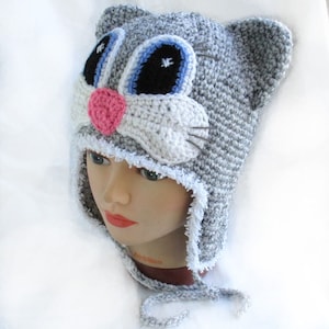 Crochet Cat Hat,Crochet animal hat,Crochet winter hat,Crochet grey hat,Crochet fun hat,Crochet kitten hat