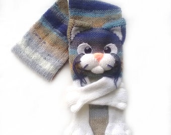 Knitted cat scarf, Knitted scarf, Animal scarf, Cat scarf, Knit scarf, Knitted kitty scarf, Knitted unisex scarf, Winter scarf