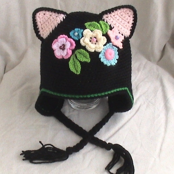 Crochet Cat Hat,Crochet black cat hat,Crochet flower hat,Crochet girls hat,Black cat hat with the flowers