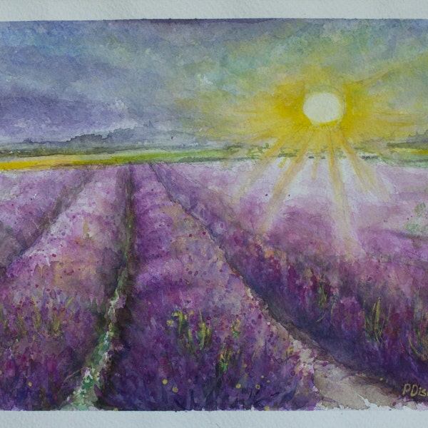 VENTE de fleurs en aquarelle, peint lavande, cadeau d’anniversaire Art, champ de lavande, peinture aquarelle originale, wall art Floral, paysage,