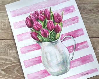 Unique easter gift for family, Tulips paintings, flowers painting, watering can flowers, Wedding gift, bride gift art, Watercolor flowers