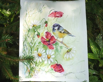 Bird on a branch, bird painting original, bird watercolor, original painting, blue bird, birds and flowers, Poppy painting, nature art, art