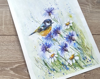 Blue bird, bird watercolor, bird and flowers, Bird on a branch, Grandmother gift, mom gift, bird painting, original painting, watercolor art