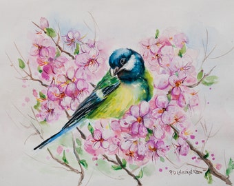 Oiseau bleu, fleur de cerisier, oiseau sur une branche, art fleuri, peinture d’oiseau originale, aquarelle d’oiseau, aquarelle originale, oiseaux et fleurs