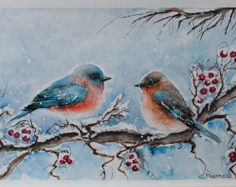 Blue bird, Bird painting, blue bird art, Watercolor Bird, parents gift, gifts for grandparents, Bird in snow watercolor, Bluebird