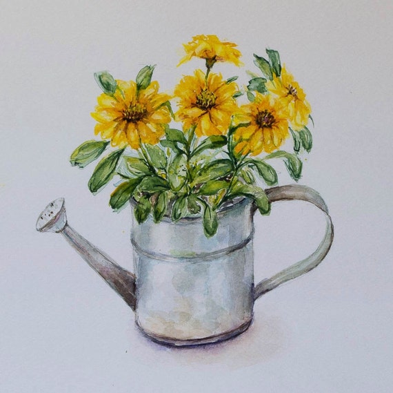 Flowers In A Watering Can Painted Yellow Flowers Mom Gift Etsy