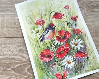 Bird watercolor, original painting, Birds and flowers, Birds and red flowers, Wedding Gift, birds artwork, Poppy painting, nature art, art