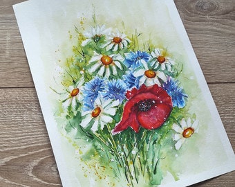 Flowers painting, Watercolor poppies and daisies, cornflower, Poppy Watercolor, Watercolor flowers, Poppy painting, Poppy art, Red Poppy Art