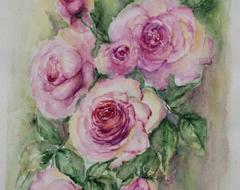 Peinture de roses, cadeaux pour couple, aquarelle de roses roses, peinture de roses, cadeau de mariage, cadeau de mariée artistique, roses aquarelles