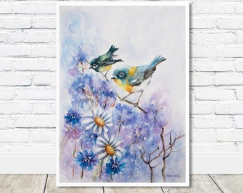 Birds and flowers, Blue Birds and White Flowers, Bluebirds on branch, Wedding Gift, two bluebirds, birds artwork, blue bird, Cornflower art