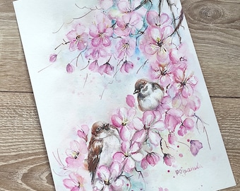 Bird painting, parents gift, original watercolor, Blossom Painting, bird on a branch, watercolor bird, lowers and birds, easter art, art