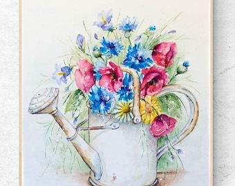 Flowers in a watering can,  Watercolor, womens gift, mom gift, home decor wall art, Grandmother  gift, watering can, Poppy Watercolor, art