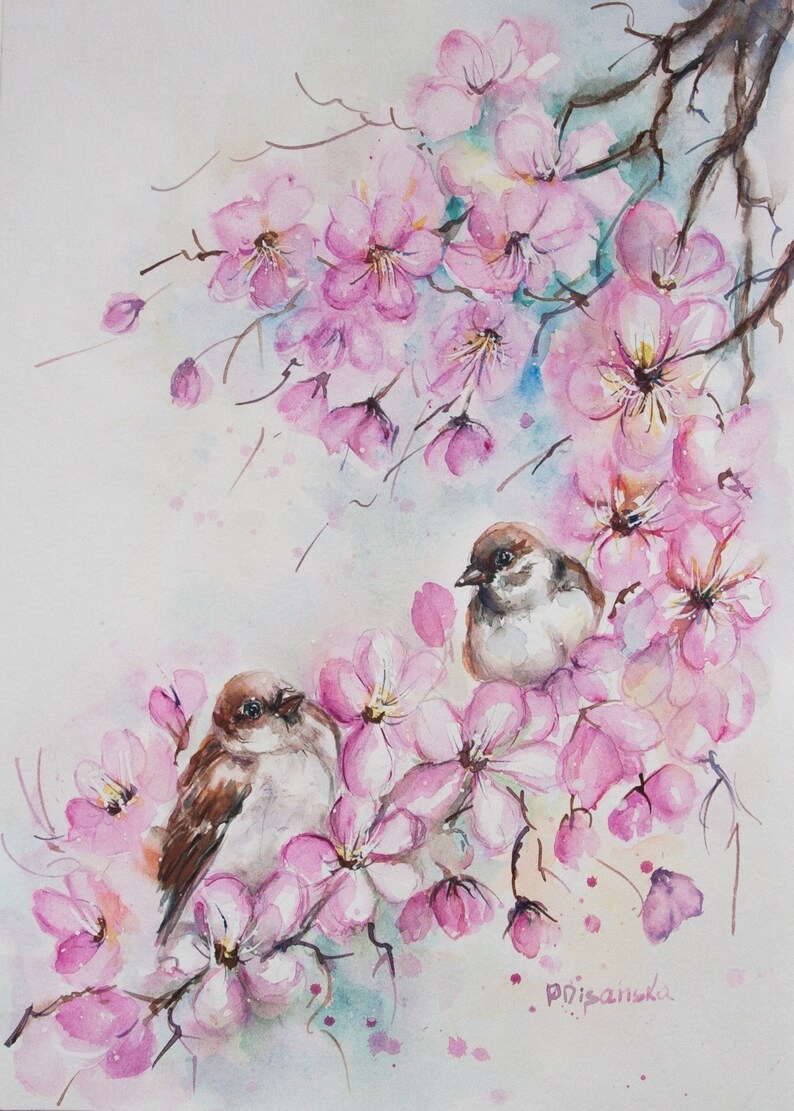 Bird painting parents gift original watercolor Blossom Etsy