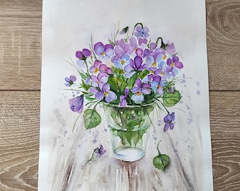 Watercolor flower, Purple watercolor art, kitchen wall decor, Still Life, Original Watercolor, Home decor, violet watercolor