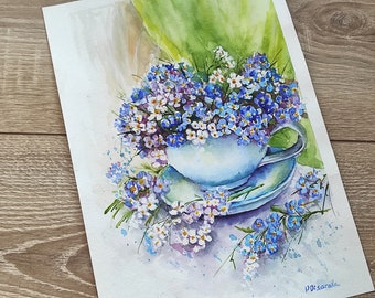 Don't forget me, Original hand painted watercolor, Blue painted flowers, Watercolor Flowers, Flowers painting, Watercolor Flowers Painting