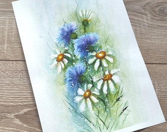 Blue painted flowers, Flowers painting, Watercolor Flowers Painting, cornflower, Original Watercolor, blue decor, Grandmother gift, mom gift
