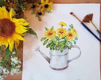 Flowers in a watering can, Painted yellow flowers, mom gift, Watercolor flower, Yellow Flower, Still Life, Original Watercolor Painting