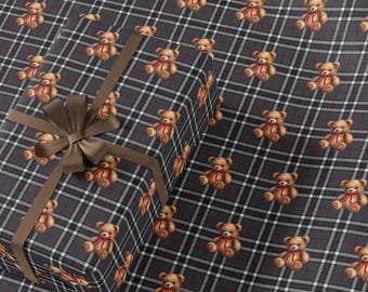 Gray Tartan Teddy Bear Wrapping Paper | Plaid Christmas Gift Wrap | Vintage Holiday | Old Money
