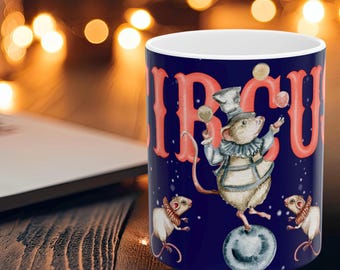 Coraline Inspired Jumping Circus Mice Mug | Vintage Circus Mouse Illustration | Night Sky Design