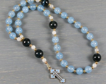 Anglican rosary in sky blue jade and blue tiger eye with a light blue enameled cross