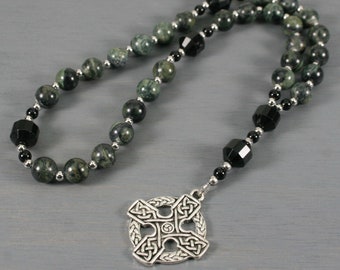 Anglican rosary in kambaba jasper and obsidian with a silver plated Celtic cross