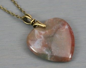 Indian agate heart pendant on antiqued brass chain