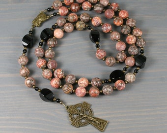 Leopard jasper, black onyx, and bronze large bead rosary in the Roman Catholic style with a Celtic crucifix