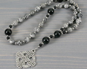 Anglican rosary in faceted Picasso jasper and obsidian with a round Celtic cross