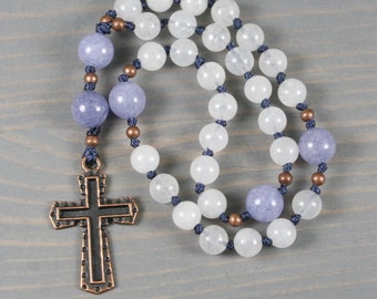Petite Anglican rosary in snow quartz and purple angelite with an antiqued copper cross on hand-knotted cord