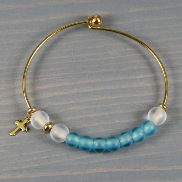 Anglican rosary bangle bracelet in aqua blue and white sea glass