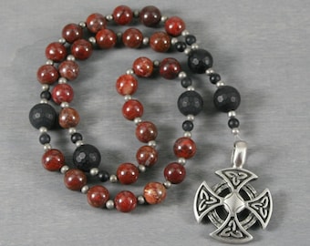 Anglican rosary in brecciated jasper with an Orthodox cross with Celtic trinity knots