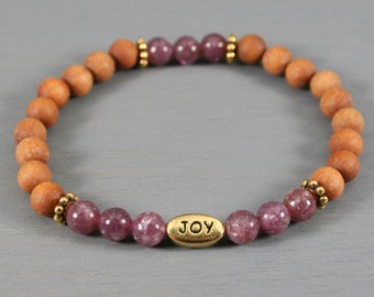 CLEARANCE - Lepidolite and sandalwood stretch bracelet with a gold JOY focal bead