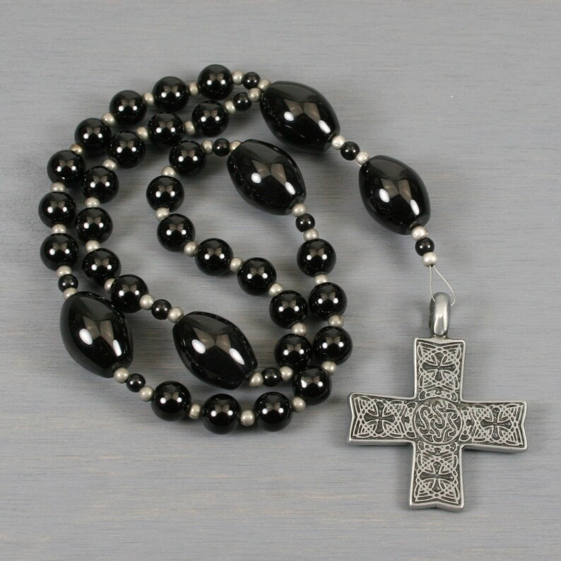 Anglican rosary in obsidian and black onyx with an antiqued pewter cross with Celtic design image 3