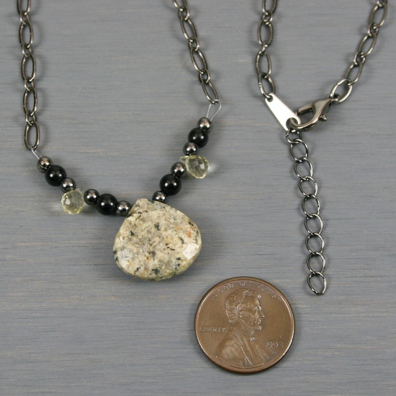 Yellow feldspar teardrop and lemon quartz briolette necklace on gunmetal chain