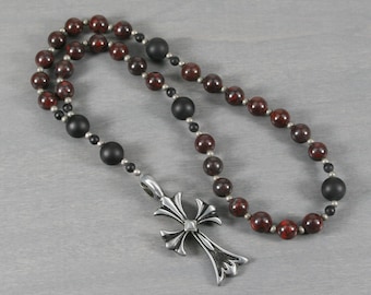 Anglican rosary in brecciated jasper, black onyx, and an antiqued pewter cross