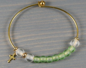 Anglican rosary bangle bracelet in green and white sea glass