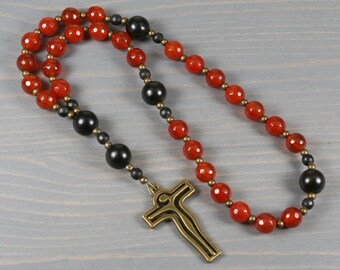 Anglican rosary in carnelian and ebony blackwood with an antiqued brass contemporary crucifix