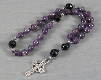 Petite Anglican rosary in amethyst, black onyx, and a Celtic cross on hand-knotted cord